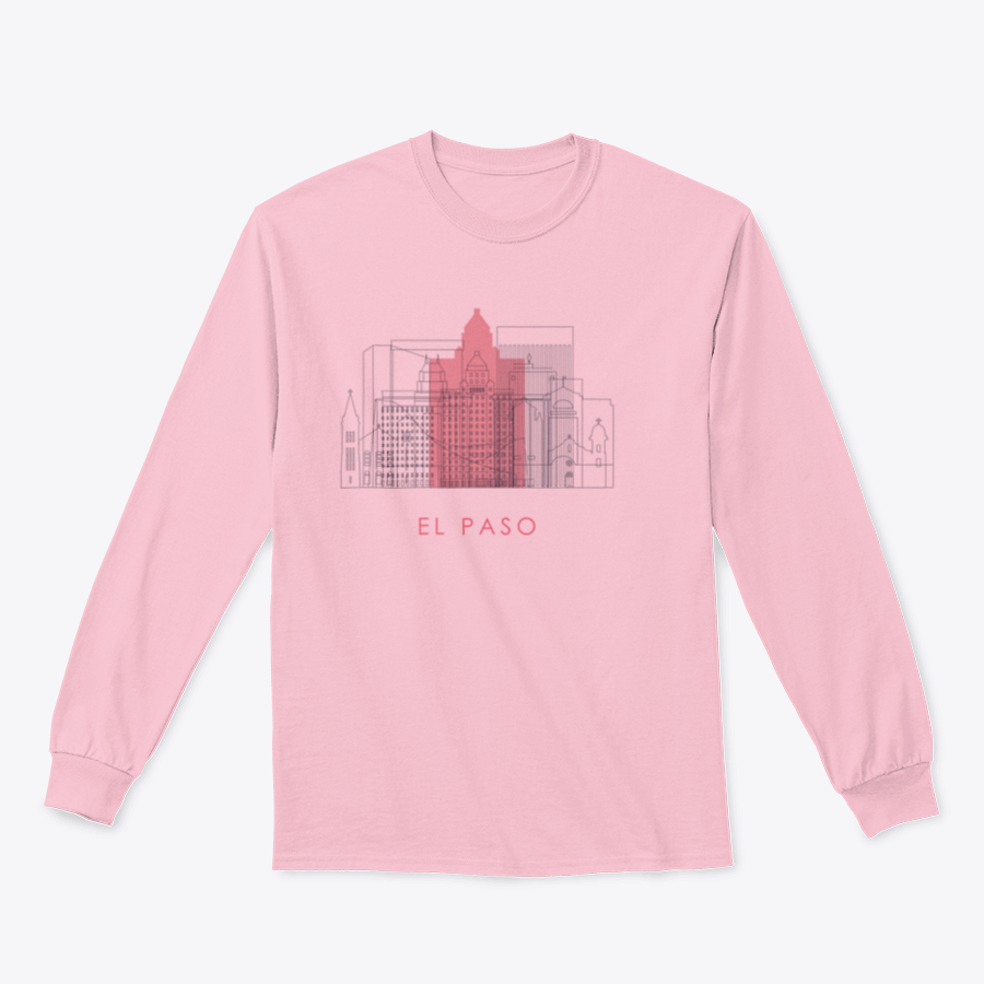 A stylish sweatshirt featuring the El Paso skyline and landmarks design, showcasing a blend of comfort and urban style.