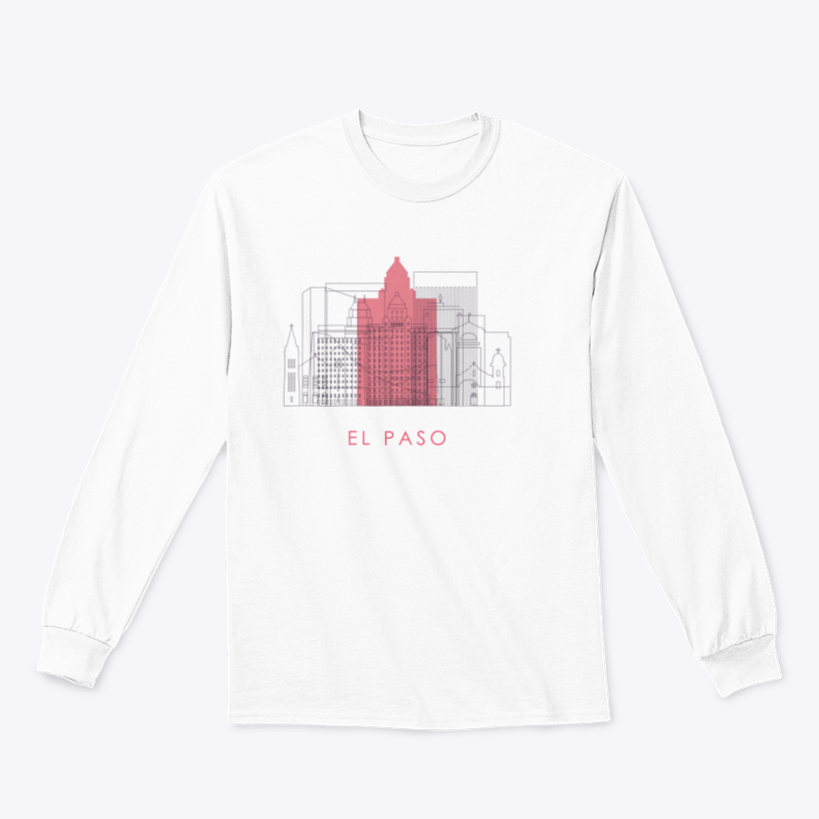 A stylish sweatshirt featuring the El Paso skyline and landmarks design, showcasing a blend of comfort and urban style.