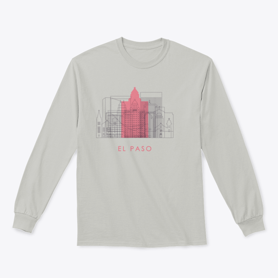 A stylish sweatshirt featuring the El Paso skyline and landmarks design, showcasing a blend of comfort and urban style.