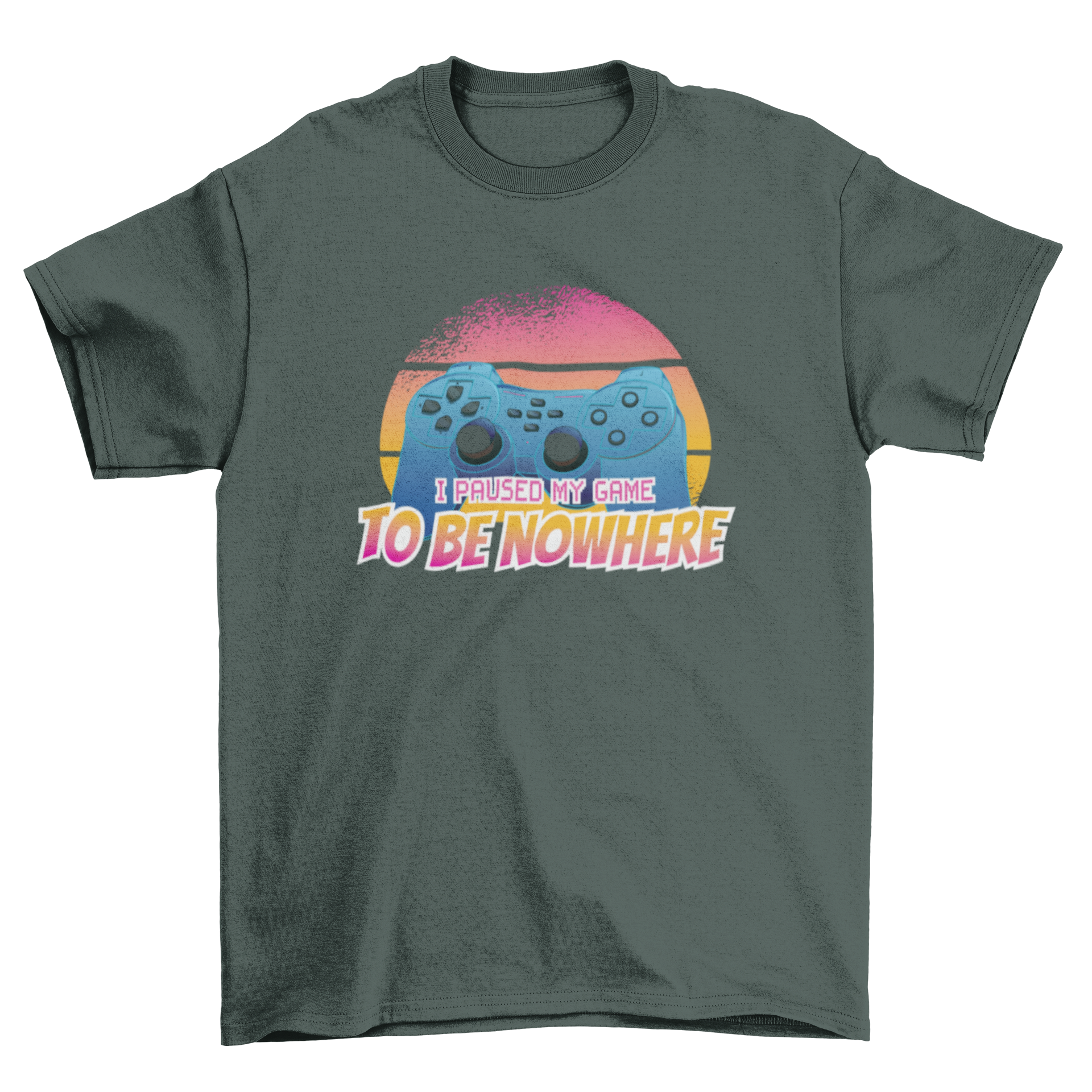 A stylish t-shirt featuring a gaming controller and retro sunset design with the quote 'I paused my game to be nowhere'.