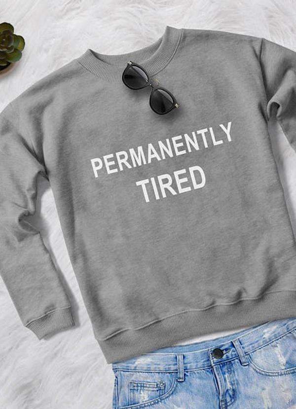 A stylish Permanently Tired Women Sweat Shirt featuring a vibrant all-over print design, showcasing unique patterns like galaxy, marijuana, and emojis.