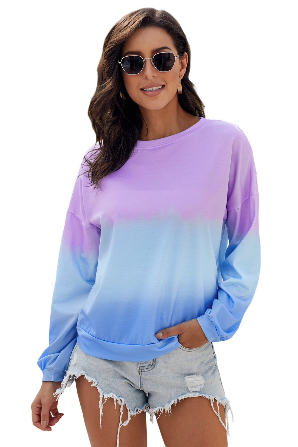 Purple blue color block tie dye pullover sweatshirt with oversized fit and gathered cuffs, perfect for casual wear.