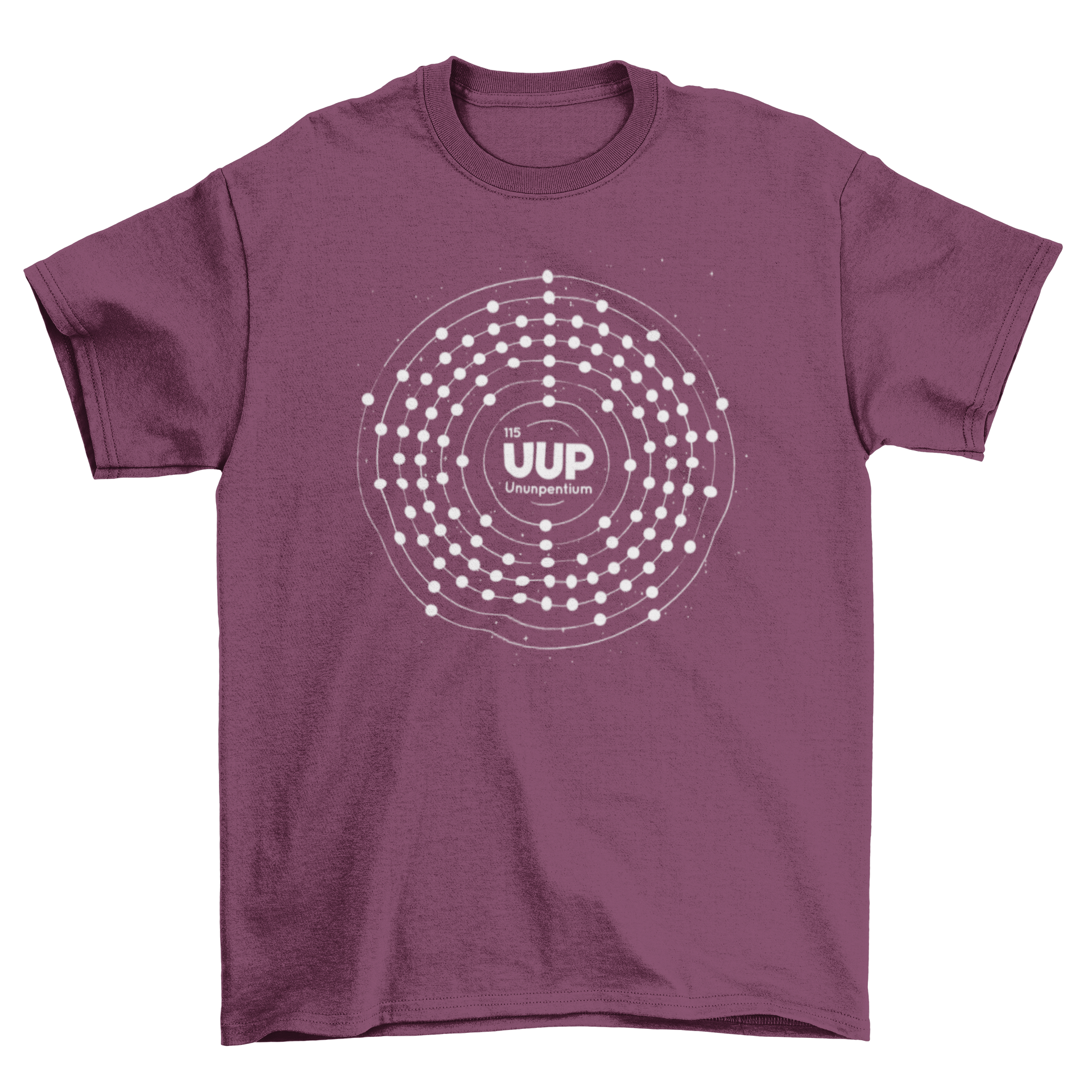 A stylish t-shirt featuring a detailed graphic of the radioactive element ununpentium, perfect for science enthusiasts.