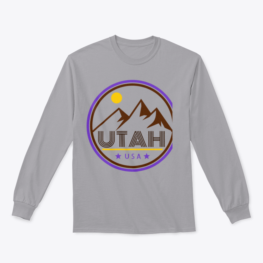 Retro Vintage Utah Badge T-shirt featuring mountains and sunshine design, made from 100% cotton for comfort and style.