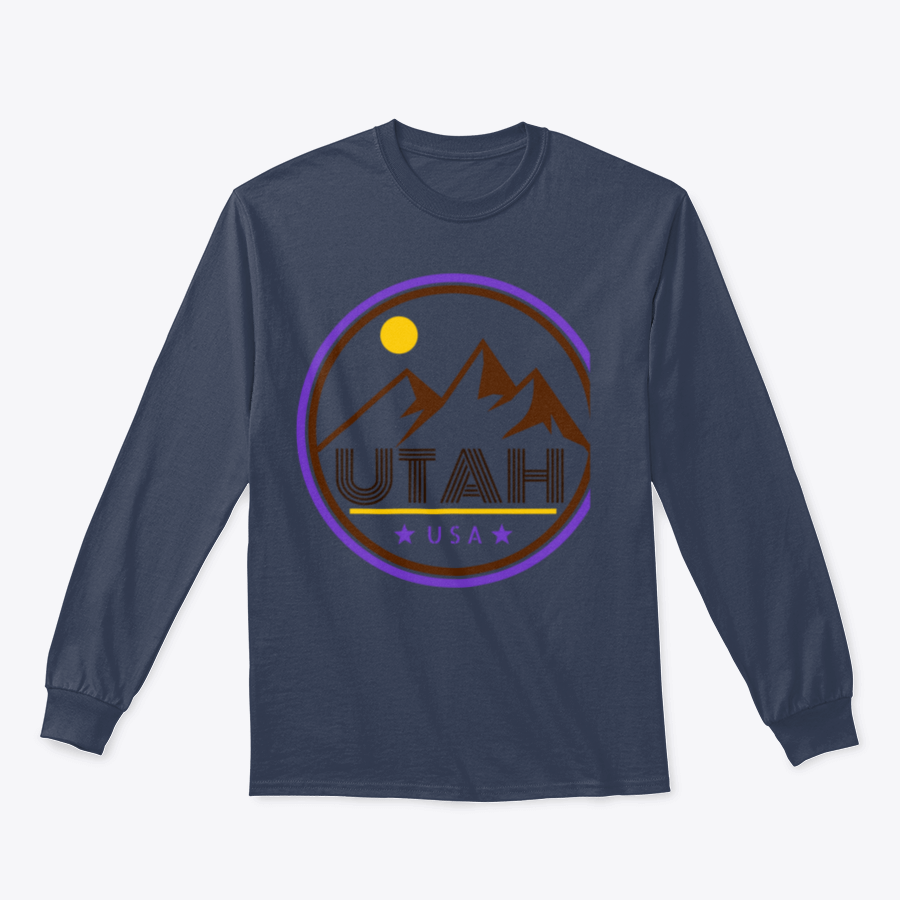 Retro Vintage Utah Badge T-shirt featuring mountains and sunshine design, made from 100% cotton for comfort and style.