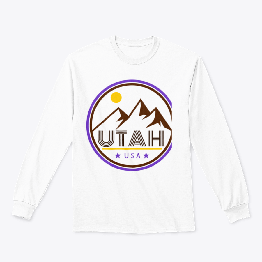 Retro Vintage Utah Badge T-shirt featuring mountains and sunshine design, made from 100% cotton for comfort and style.