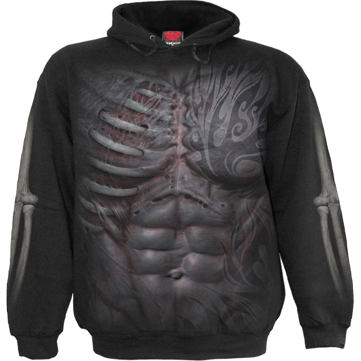 RIPPED Side Pocket Hoody Black featuring a ripped muscle design and tribal tattoo, made from 100% cotton fleece.