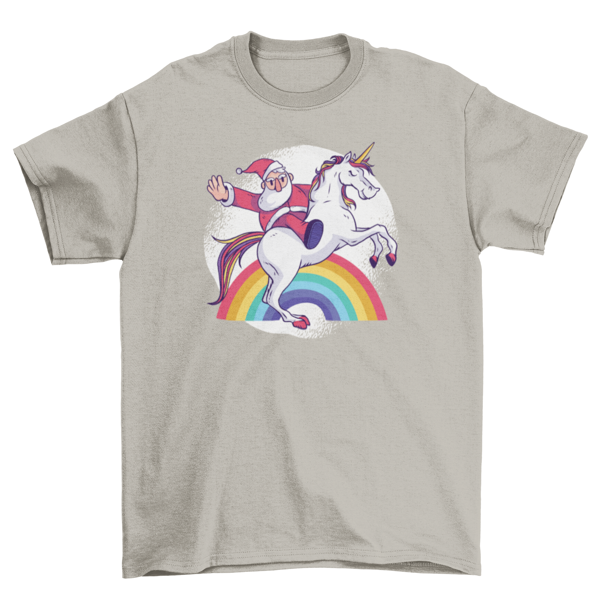 Colorful Santa Unicorn T-shirt featuring Santa riding a unicorn over a rainbow with a white grunge background.