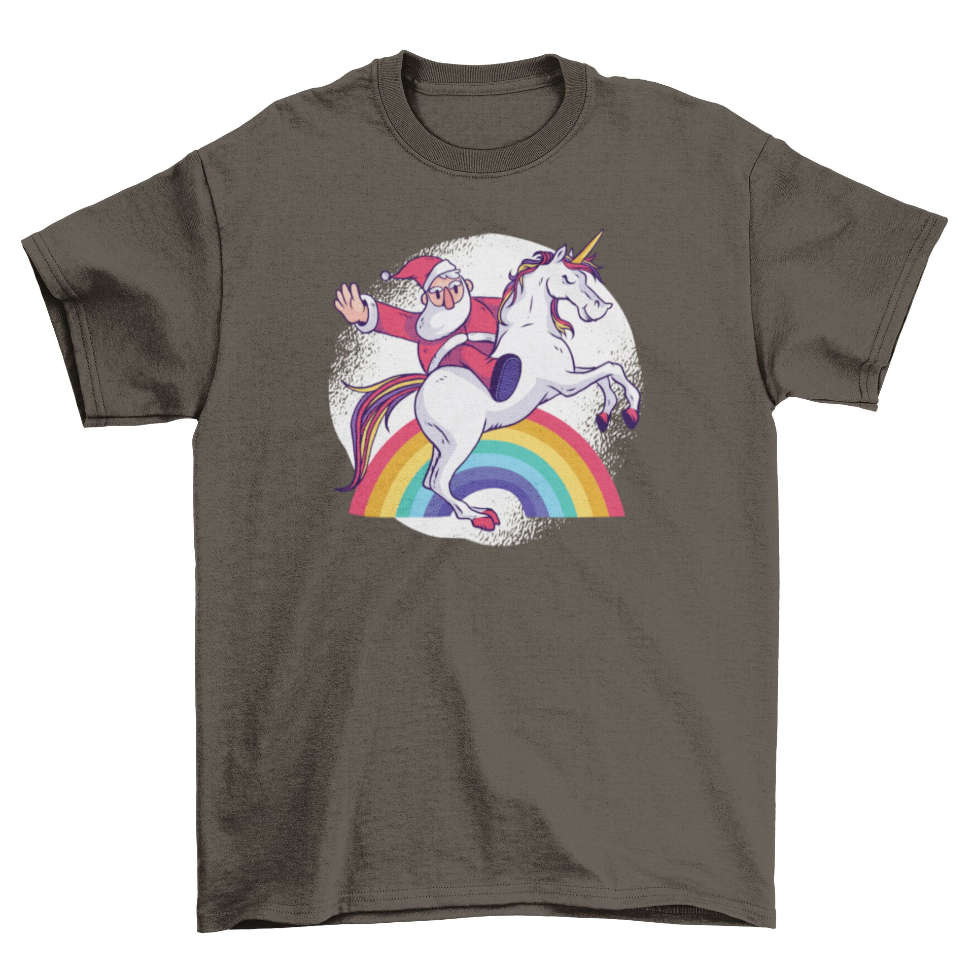 Colorful Santa Unicorn T-shirt featuring Santa riding a unicorn over a rainbow with a white grunge background.