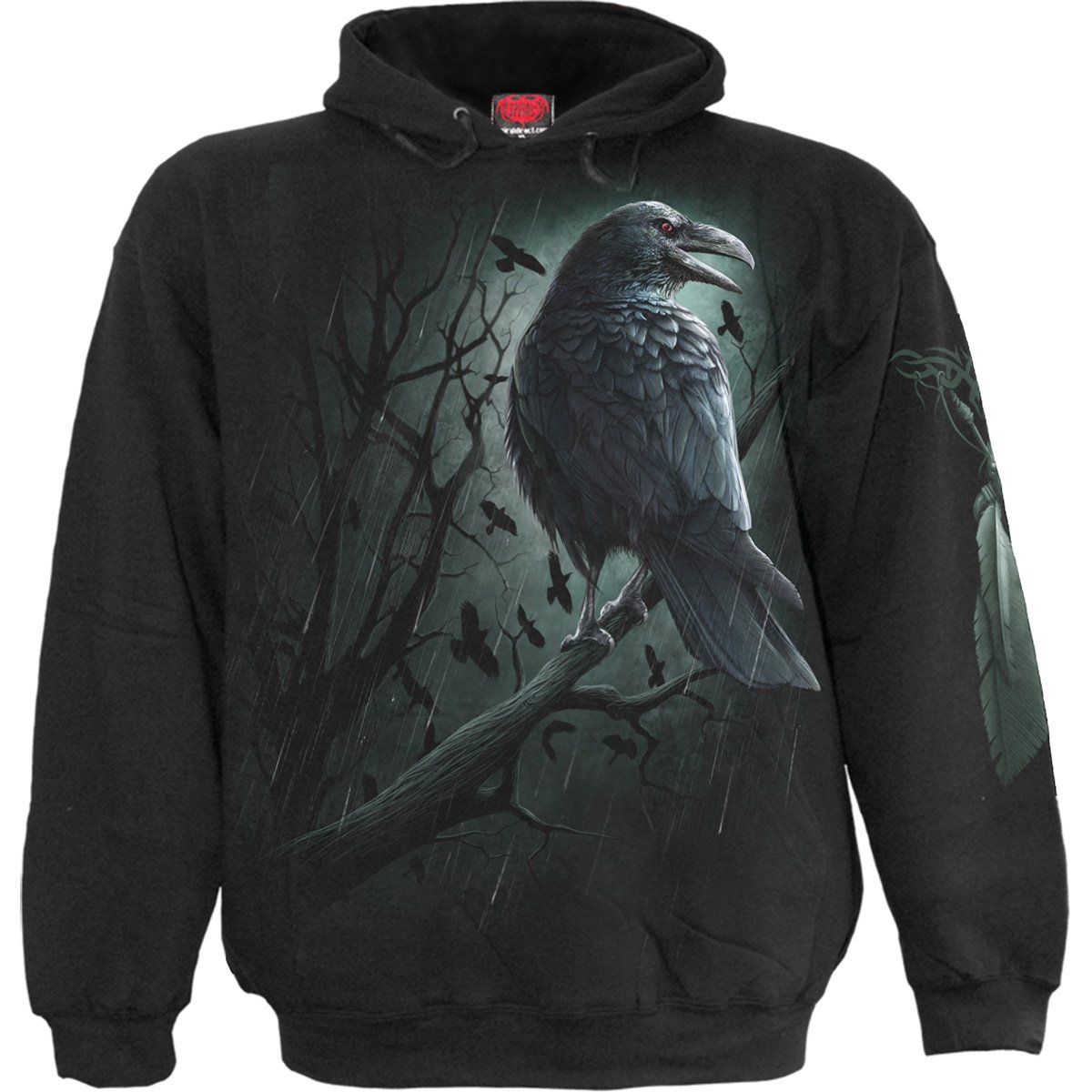 A stylish black hoody featuring a raven design, made from 100% cotton fleece, showcasing elegance and comfort.