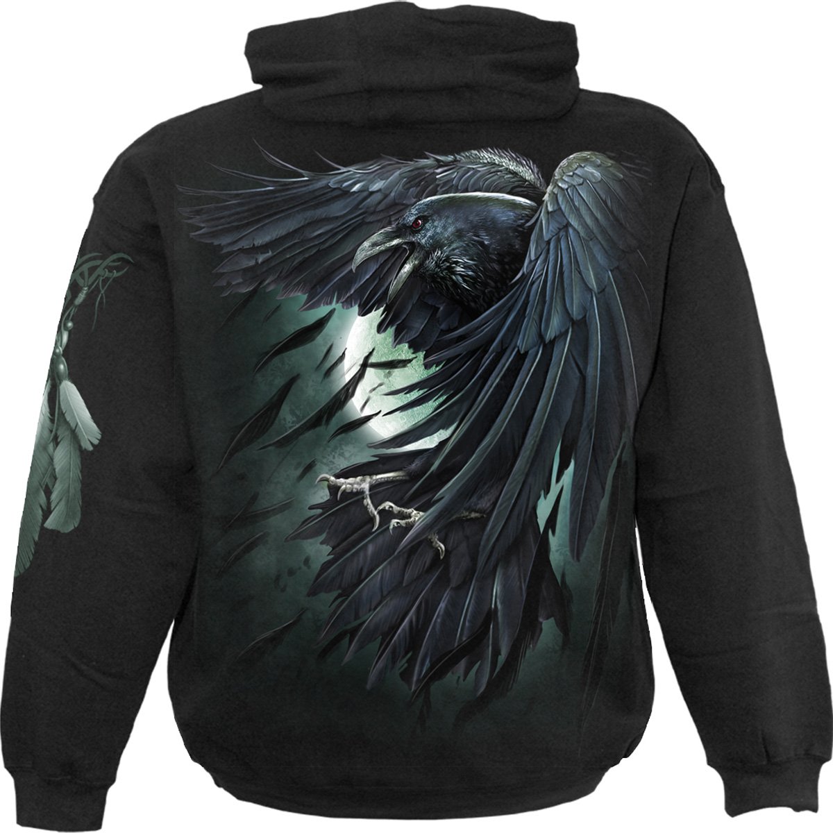 A stylish black hoody featuring a raven design, made from 100% cotton fleece, showcasing elegance and comfort.