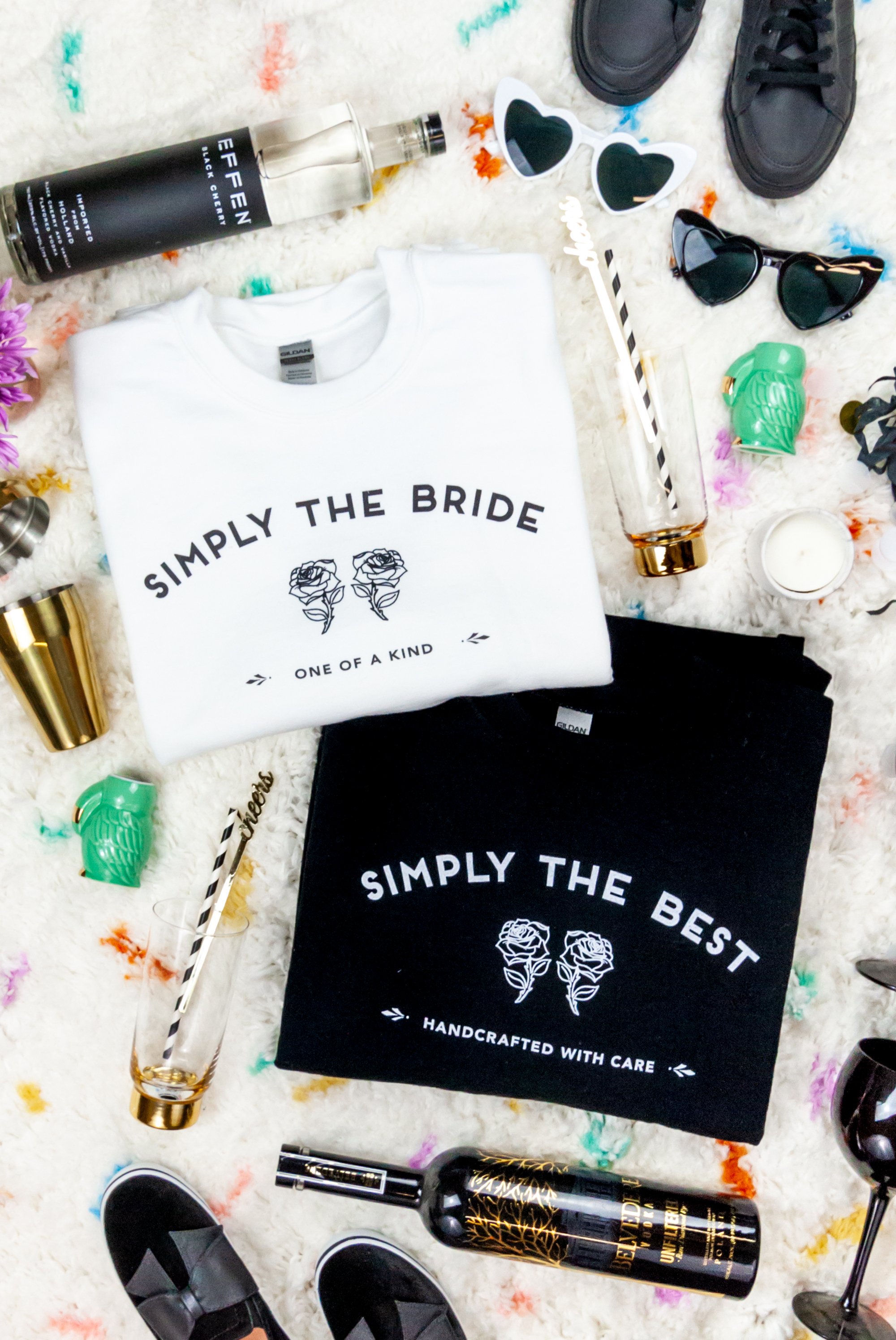 Two stylish bachelorette party sweatshirts in black and white, featuring 'Simply the Bride' and 'Simply the Best' text designs.