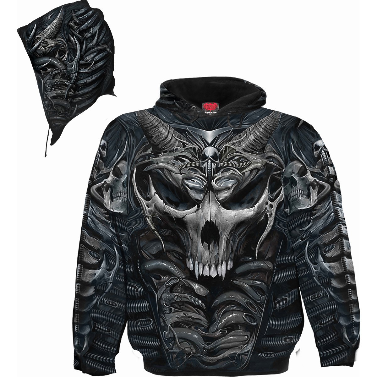 SKULL ARMOUR Allover Hoody Black featuring a bio-mechanical design with organic and robotic elements.