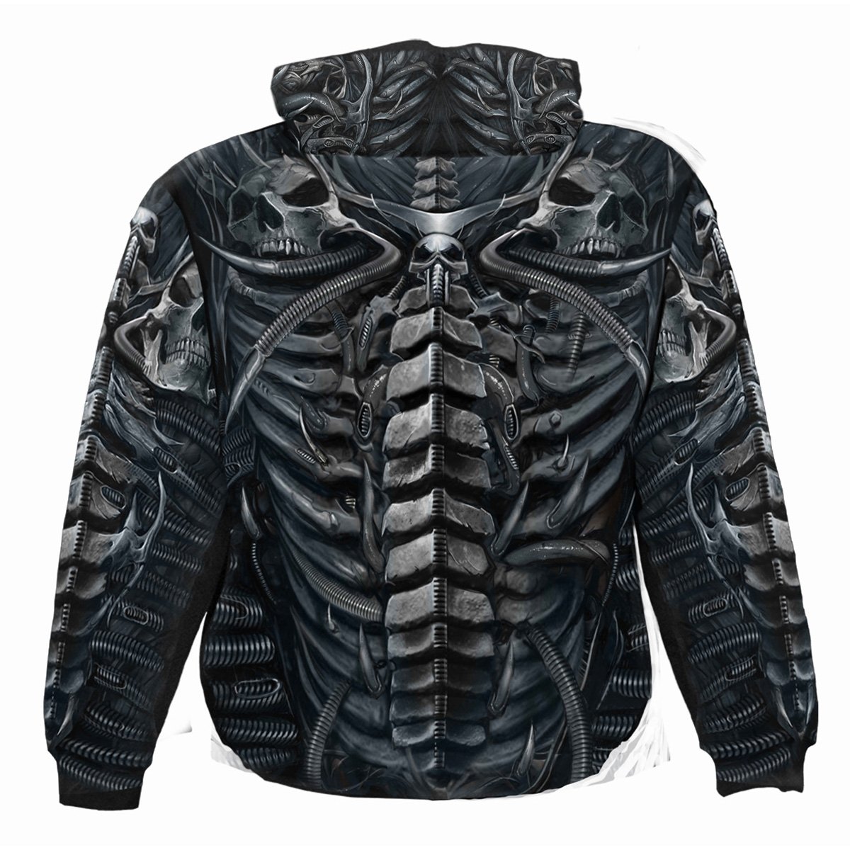 SKULL ARMOUR Allover Hoody Black featuring a bio-mechanical design with organic and robotic elements.