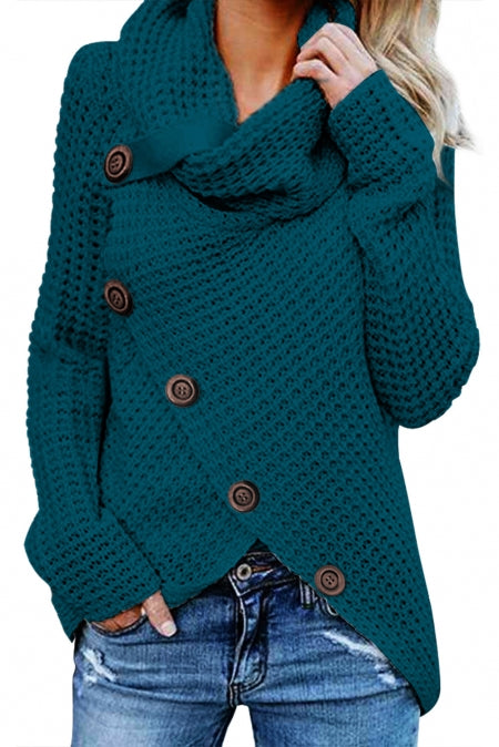 Slate Blue Buttoned Wrap Turtleneck Sweater featuring decorative buttons and asymmetric design, perfect for fall and winter wear.