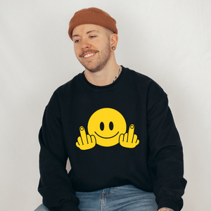 A cozy unisex crewneck sweatshirt featuring the phrase 'Smile and Fuck Off' in bold lettering, made from a cotton-polyester blend.