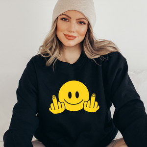 A cozy unisex crewneck sweatshirt featuring the phrase 'Smile and Fuck Off' in bold lettering, made from a cotton-polyester blend.