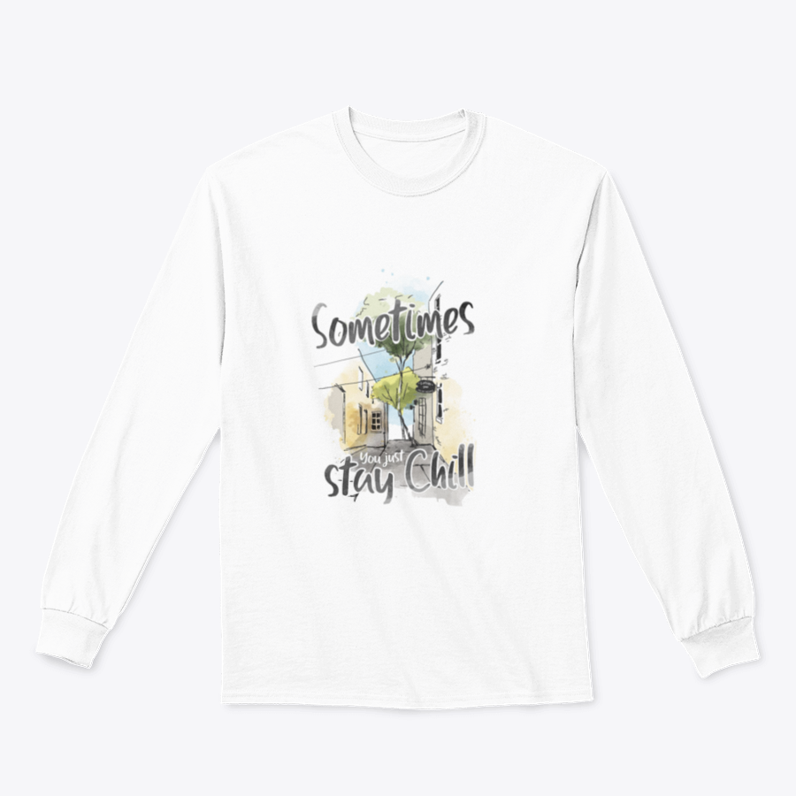 Stay Chill Slogan T-Shirt featuring a city sketch illustration, made from 100% cotton for comfort and style.