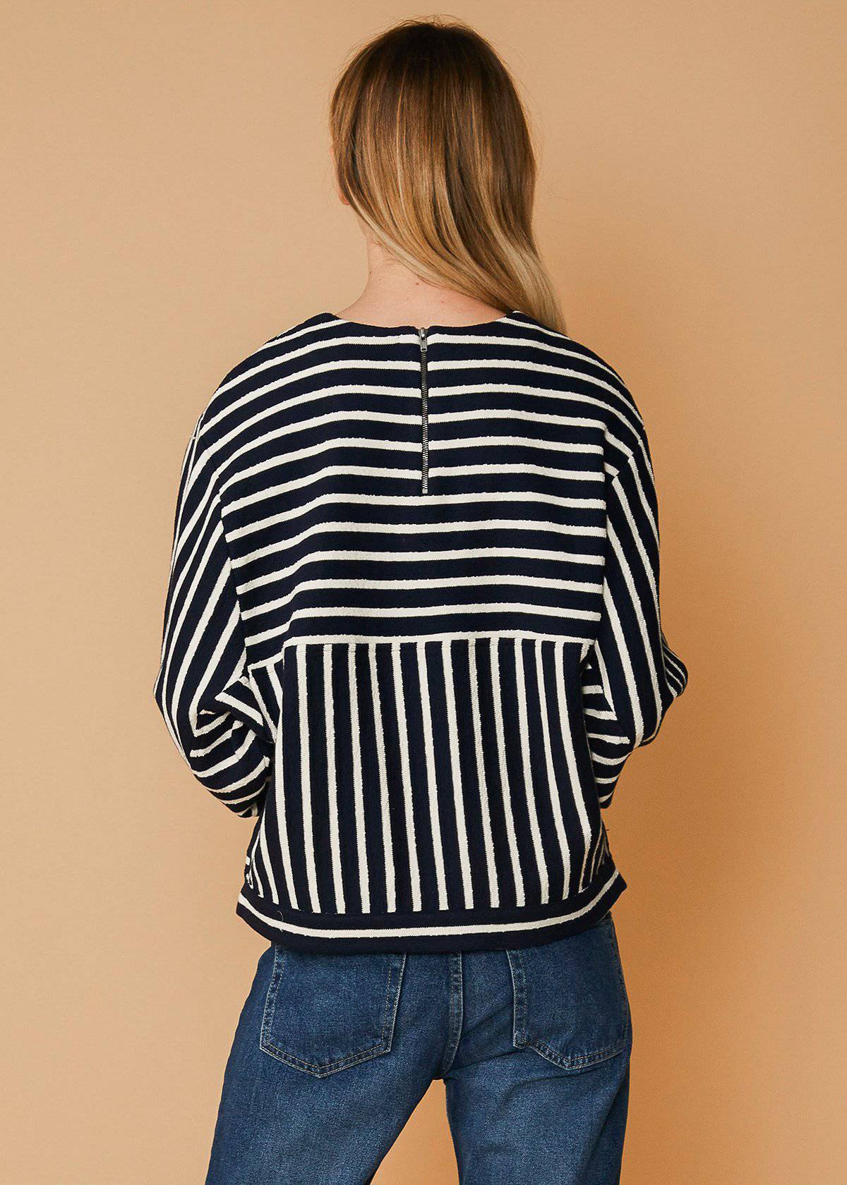 Stripe Dolman Sweatshirt in Midnight Stripe featuring dolman sleeves and zipper back closure, made from 100% cotton.