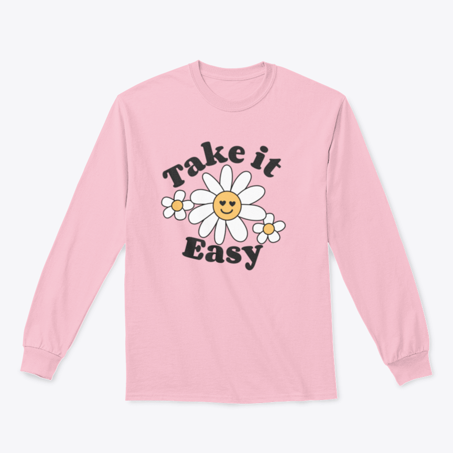 A stylish t-shirt featuring a vibrant 'Take It Easy' slogan print with groovy smiley flowers, embodying a 70's retro vibe.