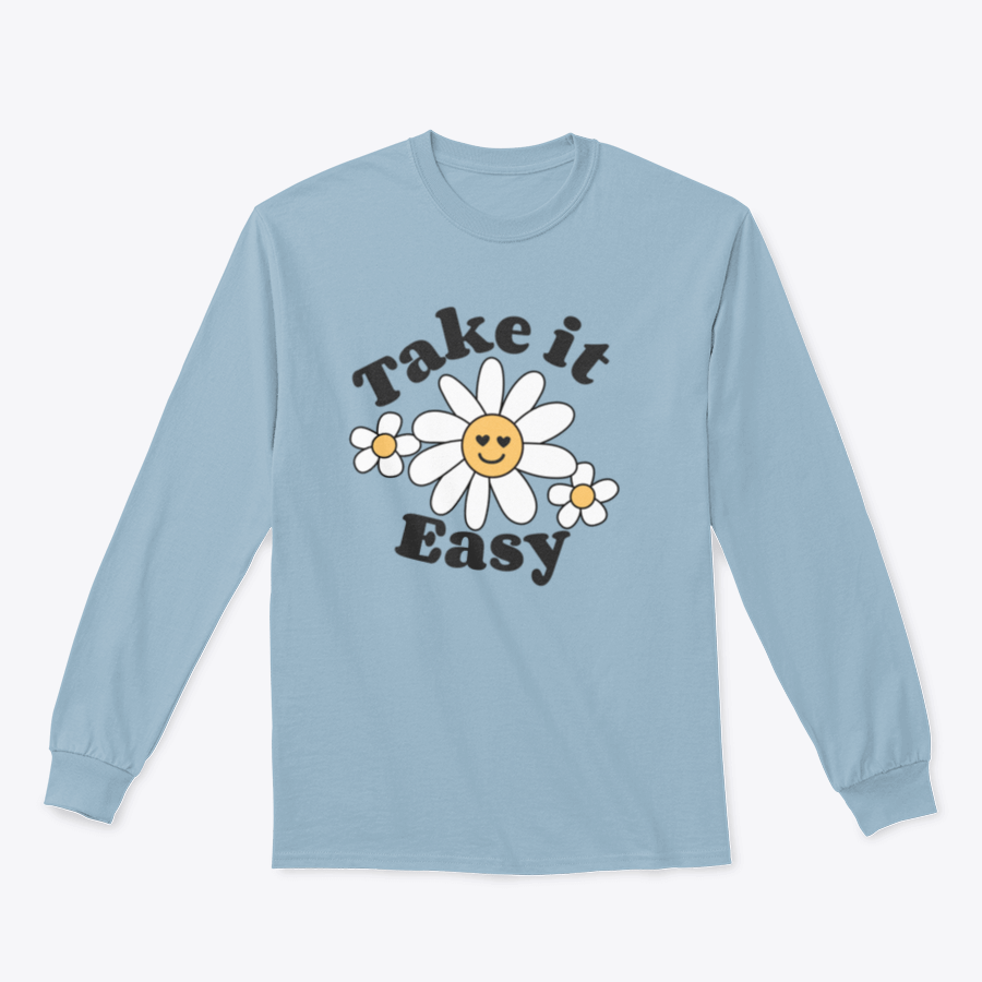 A stylish t-shirt featuring a vibrant 'Take It Easy' slogan print with groovy smiley flowers, embodying a 70's retro vibe.