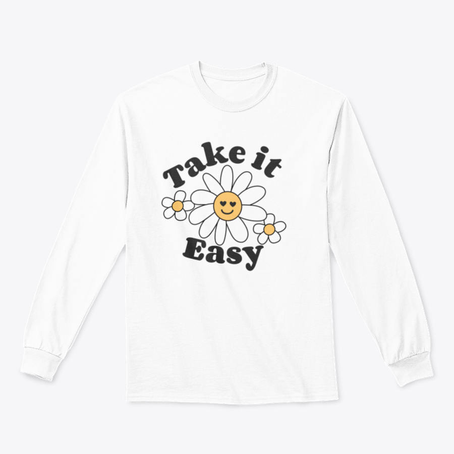 A stylish t-shirt featuring a vibrant 'Take It Easy' slogan print with groovy smiley flowers, embodying a 70's retro vibe.