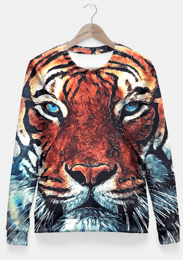 A stylish women's fitted waist sweater featuring a vibrant tiger print, showcasing a unique custom design perfect for casual wear.