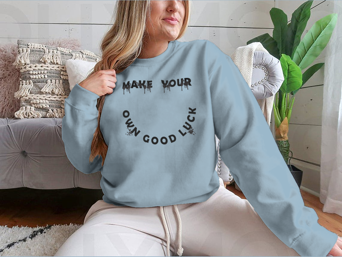 Urban Neon Make Your Own Good Luck Slogan Print featuring a happy face design on a soft cotton fabric.