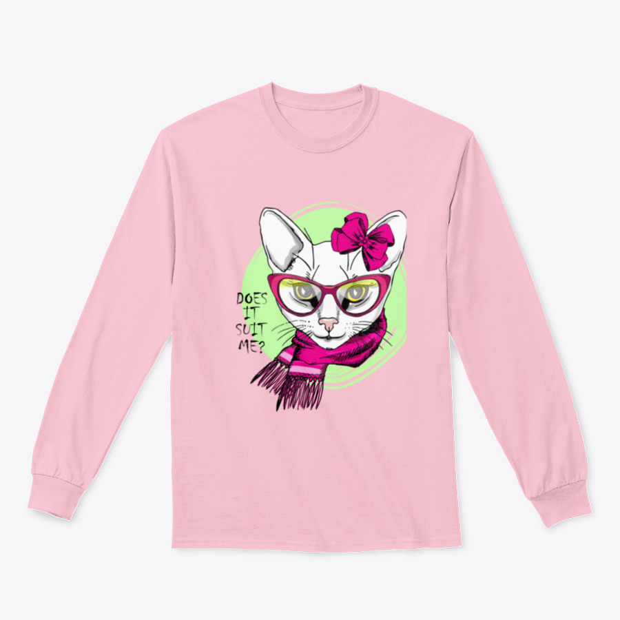 Hand-drawn vector illustration of a white cat wearing a pink bow, glasses, and a scarf, showcasing a cute and stylish design.