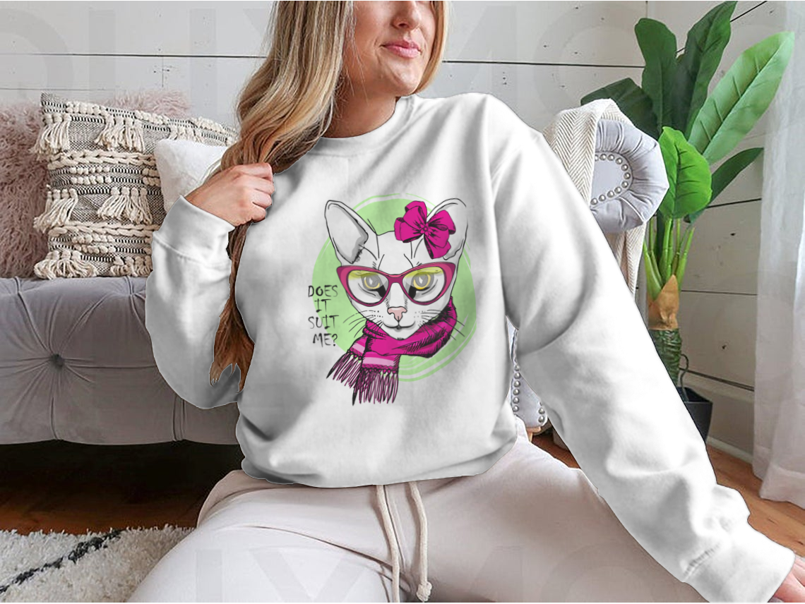 Hand-drawn vector illustration of a white cat wearing a pink bow, glasses, and a scarf, showcasing a cute and stylish design.