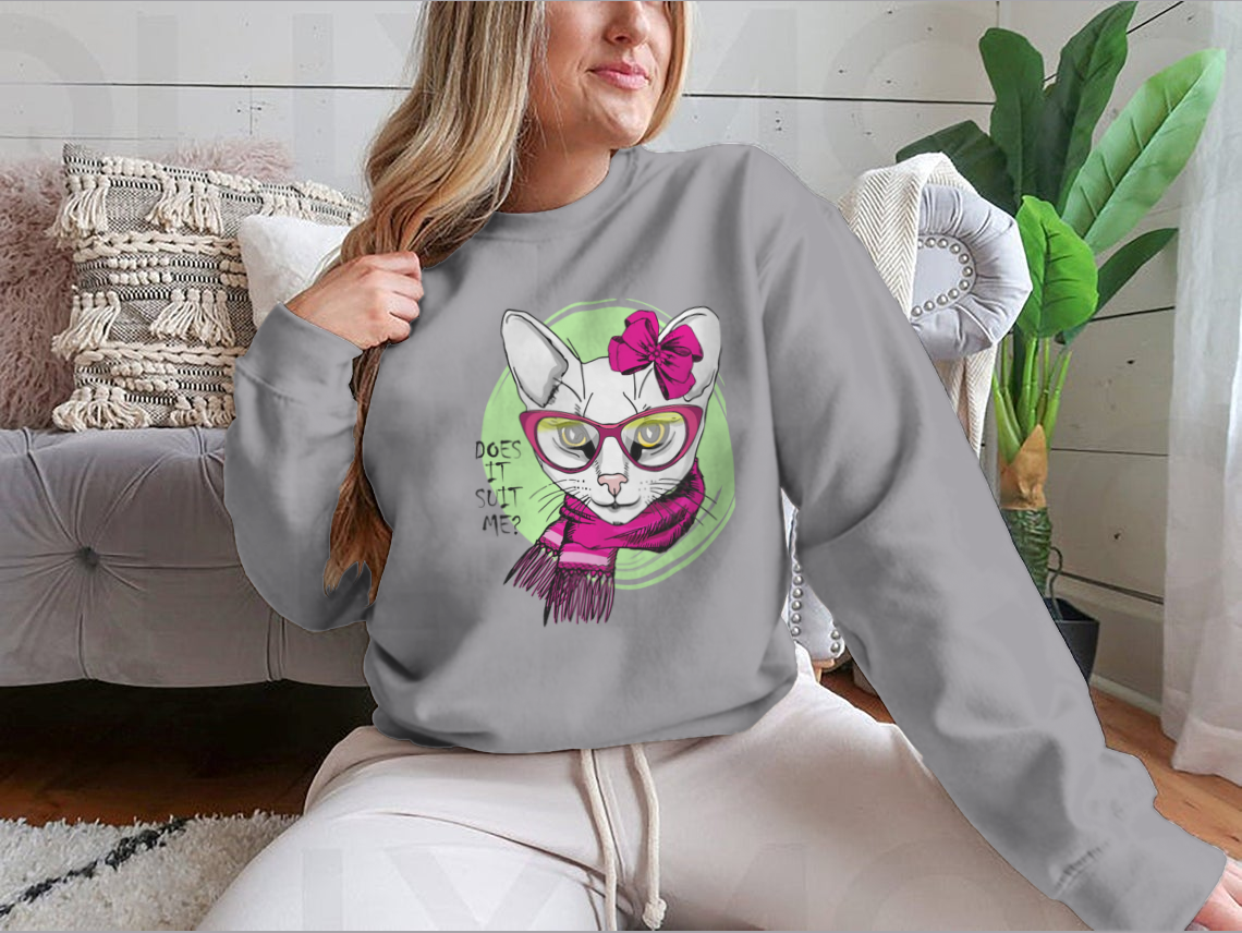 Hand-drawn vector illustration of a white cat wearing a pink bow, glasses, and a scarf, showcasing a cute and stylish design.