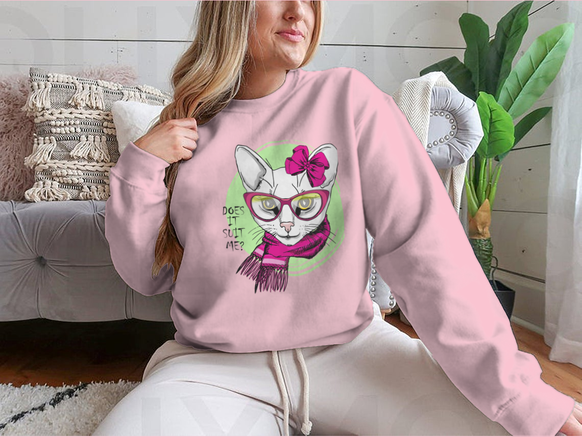 Hand-drawn vector illustration of a white cat wearing a pink bow, glasses, and a scarf, showcasing a cute and stylish design.