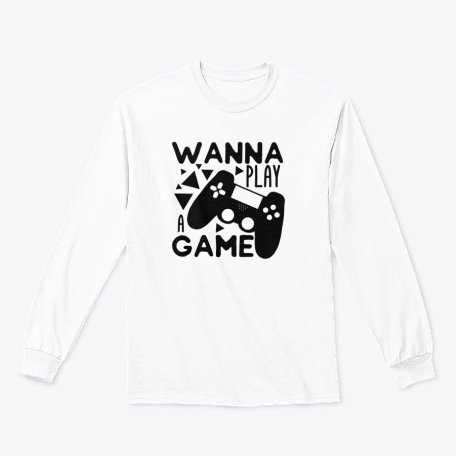 A humorous t-shirt featuring the text 'Wanna Play A Game' with a black gaming controller design, made from soft cotton fabric.