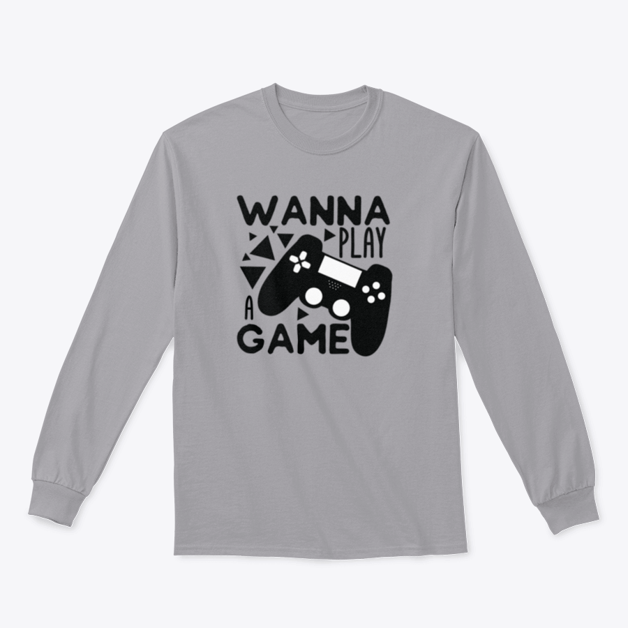 A humorous t-shirt featuring the text 'Wanna Play A Game' with a black gaming controller design, made from soft cotton fabric.