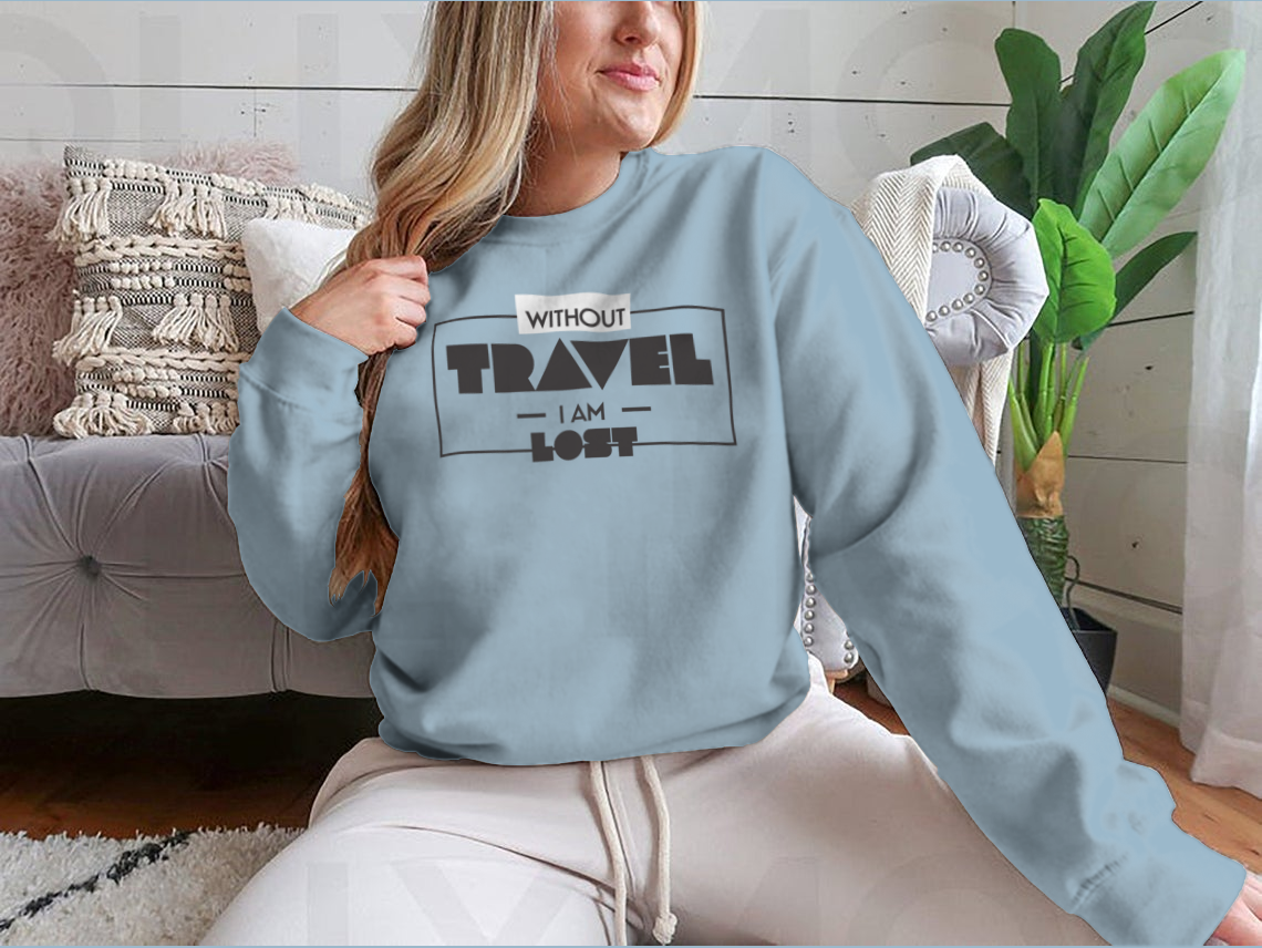 A stylish 'Without Travel I Am Lost' Design Tee Shirt displayed on a mannequin, showcasing its classic fit and unique travel-themed graphic.