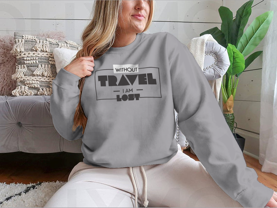 A stylish 'Without Travel I Am Lost' Design Tee Shirt displayed on a mannequin, showcasing its classic fit and unique travel-themed graphic.