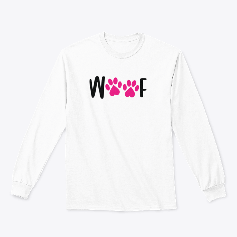 A comfortable Woof t-shirt featuring a playful dog footprint design, perfect for dog lovers.