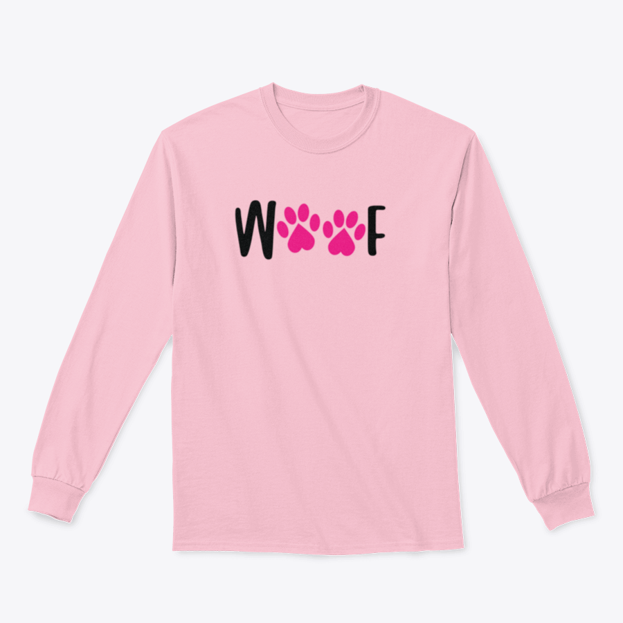 A comfortable Woof t-shirt featuring a playful dog footprint design, perfect for dog lovers.