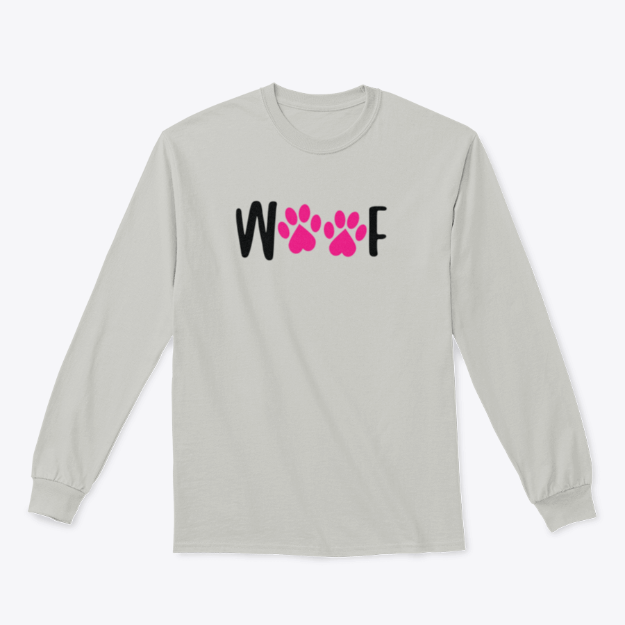 A comfortable Woof t-shirt featuring a playful dog footprint design, perfect for dog lovers.