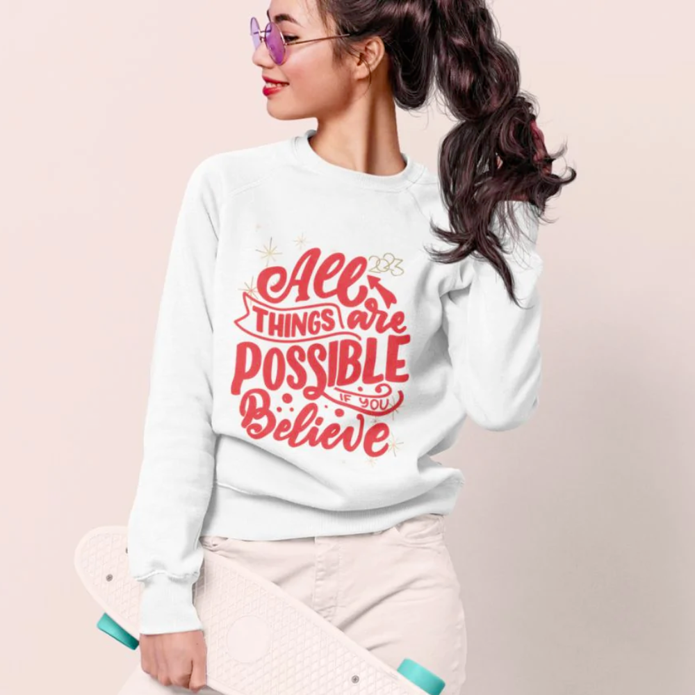 Women's 2023 Positive Message Sweatshirt in white, showcasing a loose fit and ribbed knit collar, perfect for comfort and style.