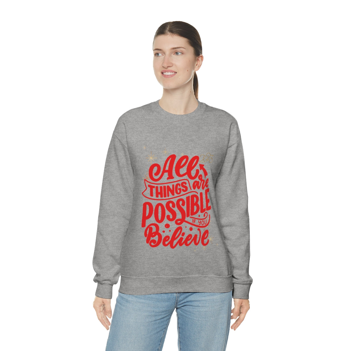 Women's 2023 Positive Message Sweatshirt in white, showcasing a loose fit and ribbed knit collar, perfect for comfort and style.