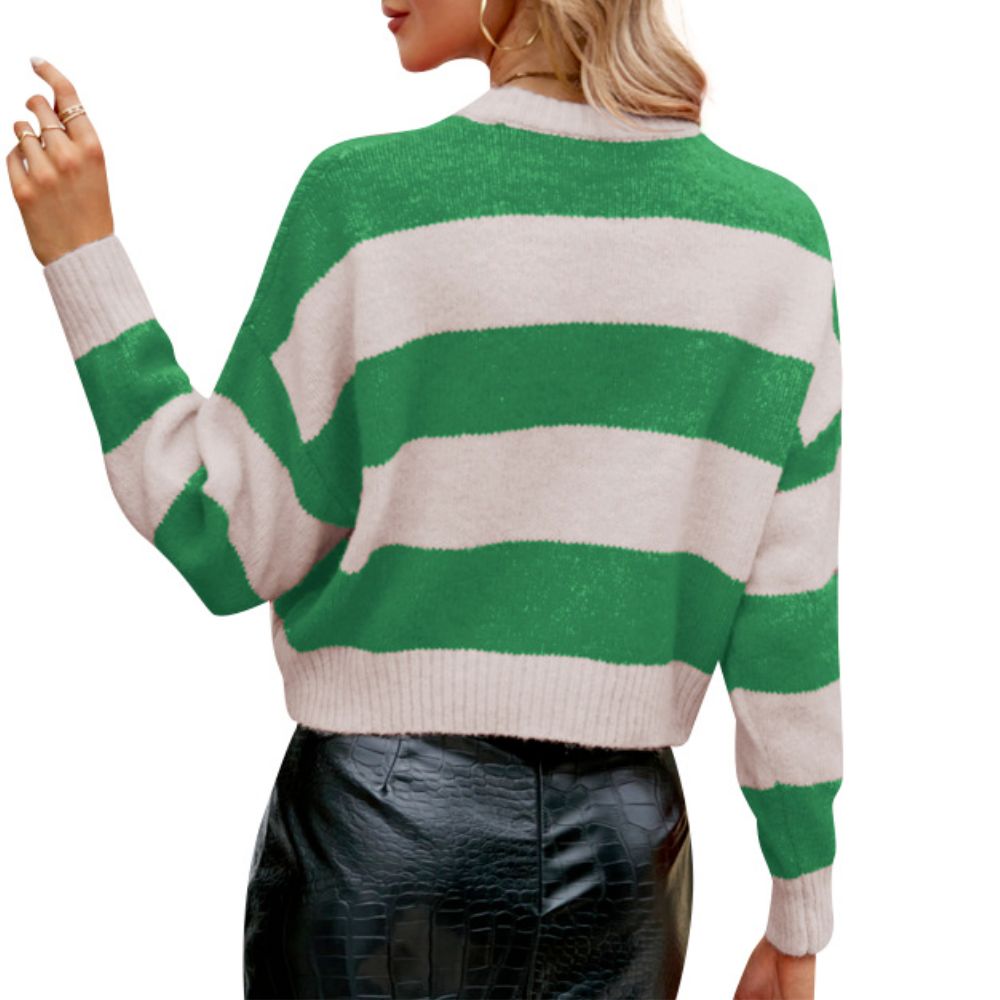 A stylish women's cropped striped sweater featuring wide contrasting stripes in red, green, and yellow, perfect for casual and trendy outfits.