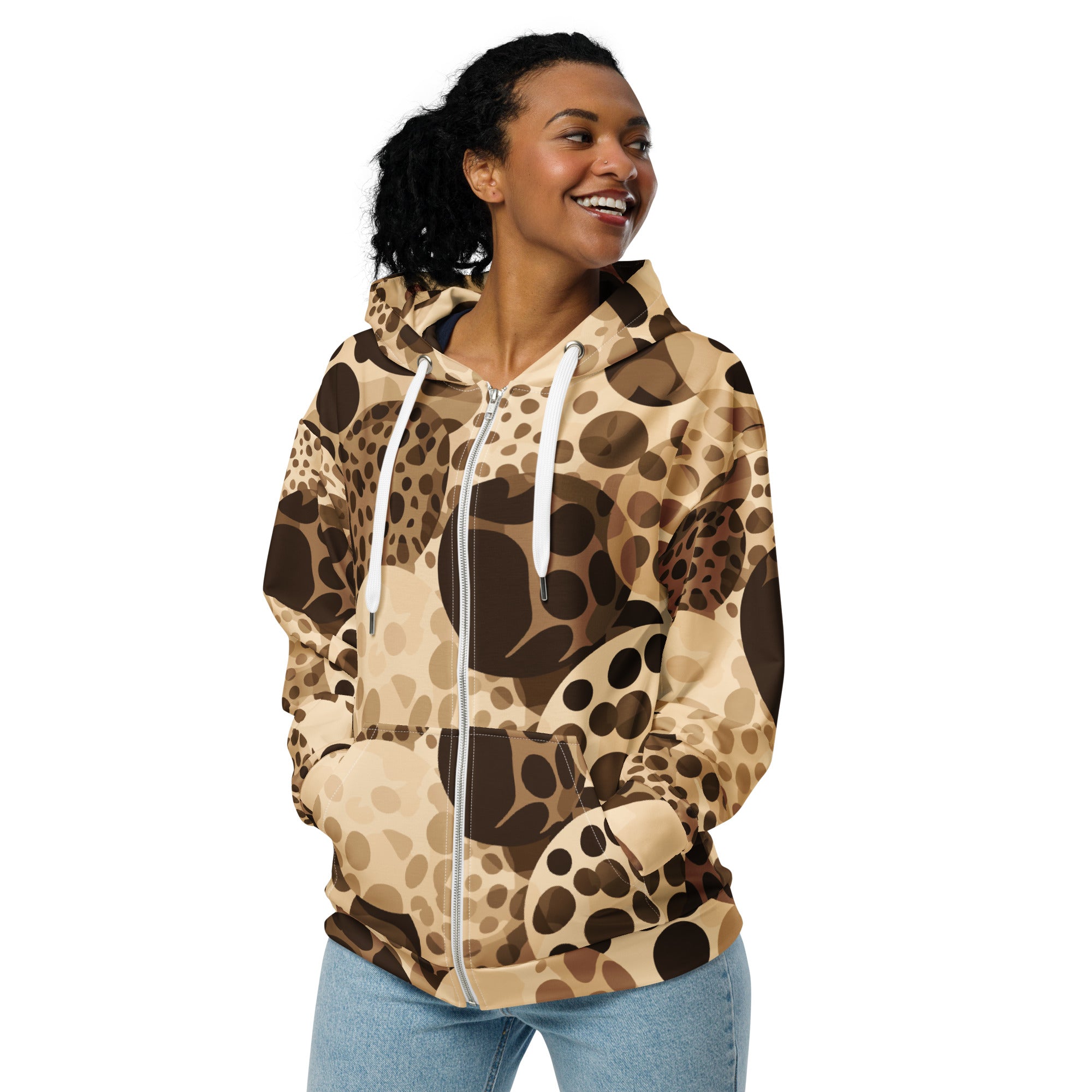 Women's Graphic Zip Hoodie in beige and brown with spotted print, featuring a relaxed fit and double-lined hood.