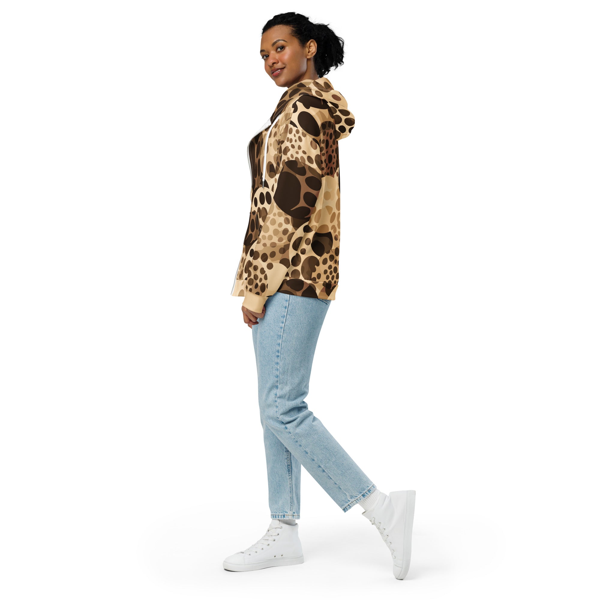 Women's Graphic Zip Hoodie in beige and brown with spotted print, featuring a relaxed fit and double-lined hood.