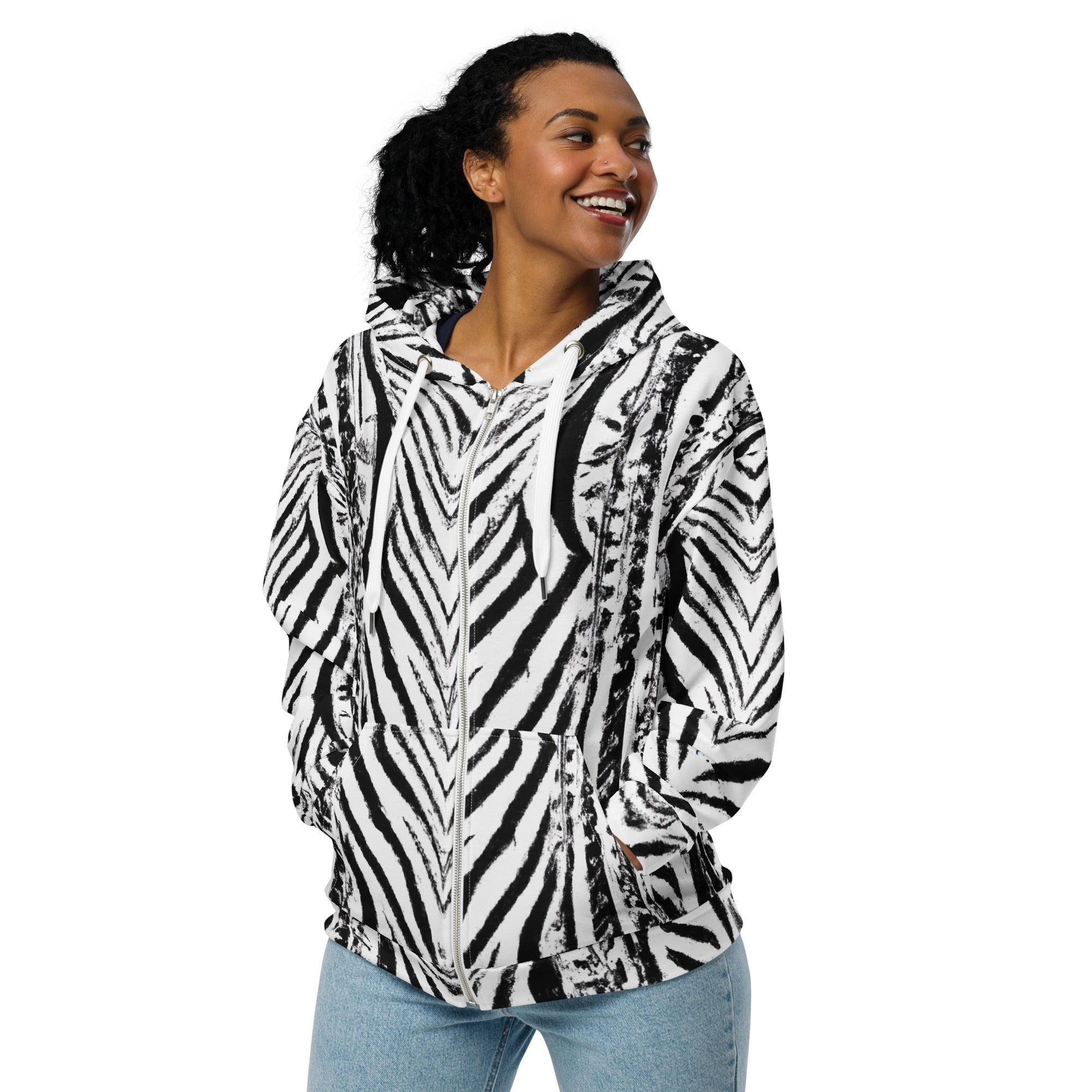 Womens Graphic Zip Hoodie featuring a black and white native print, showcasing a relaxed fit with drop shoulders and a double-lined hood.