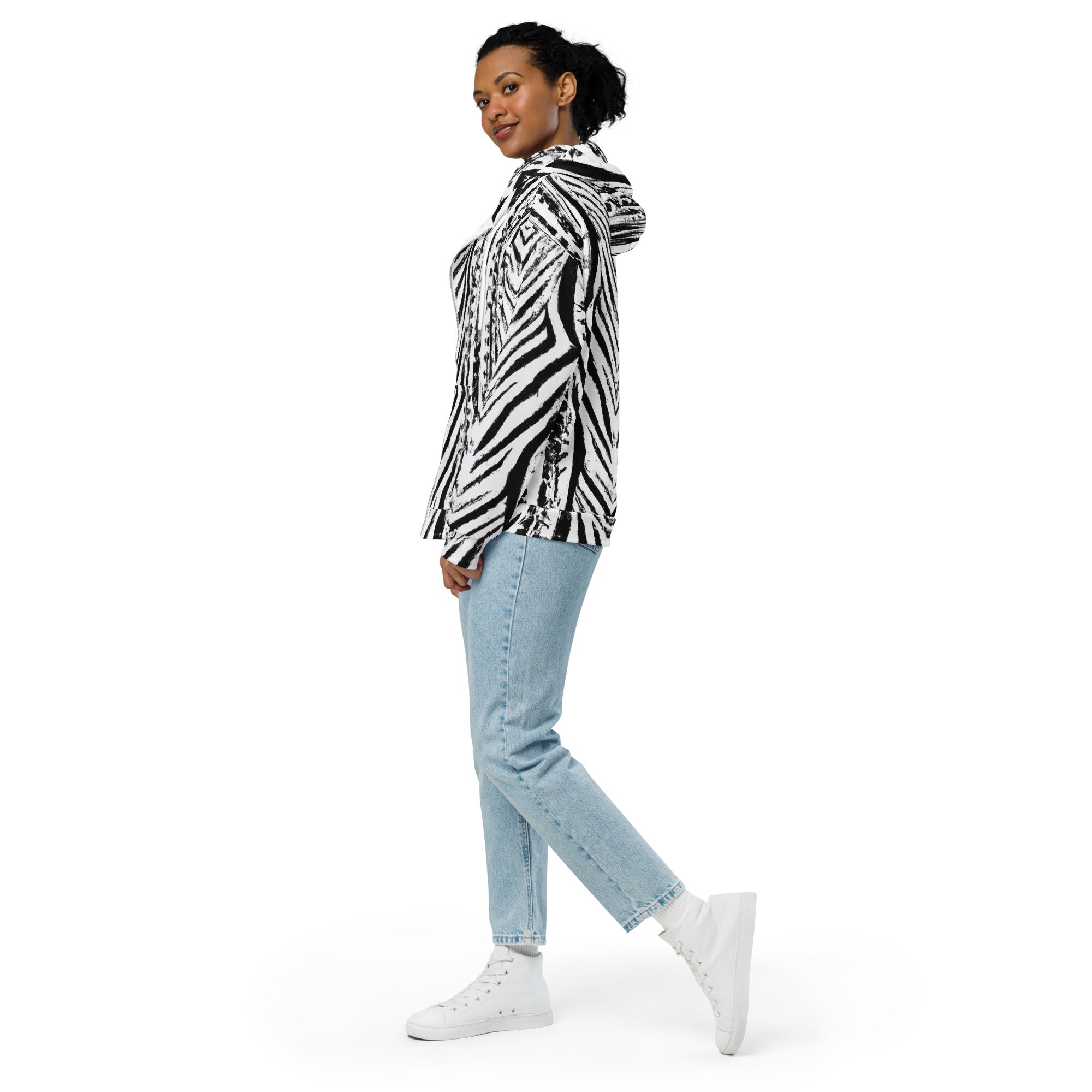 Womens Graphic Zip Hoodie featuring a black and white native print, showcasing a relaxed fit with drop shoulders and a double-lined hood.