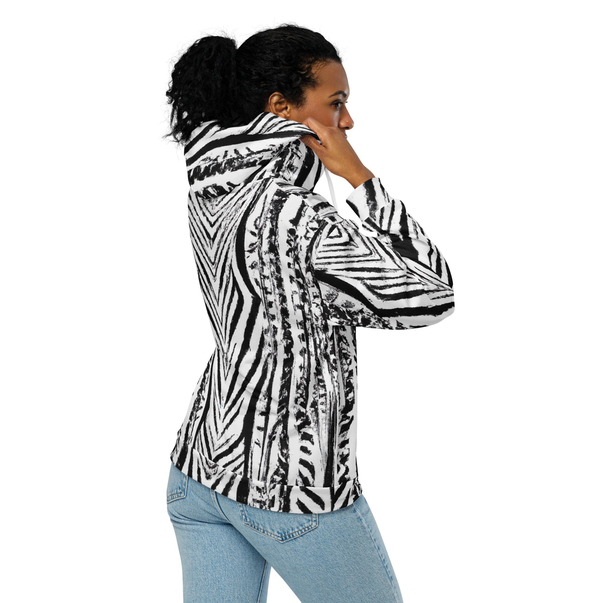 Womens Graphic Zip Hoodie featuring a black and white native print, showcasing a relaxed fit with drop shoulders and a double-lined hood.