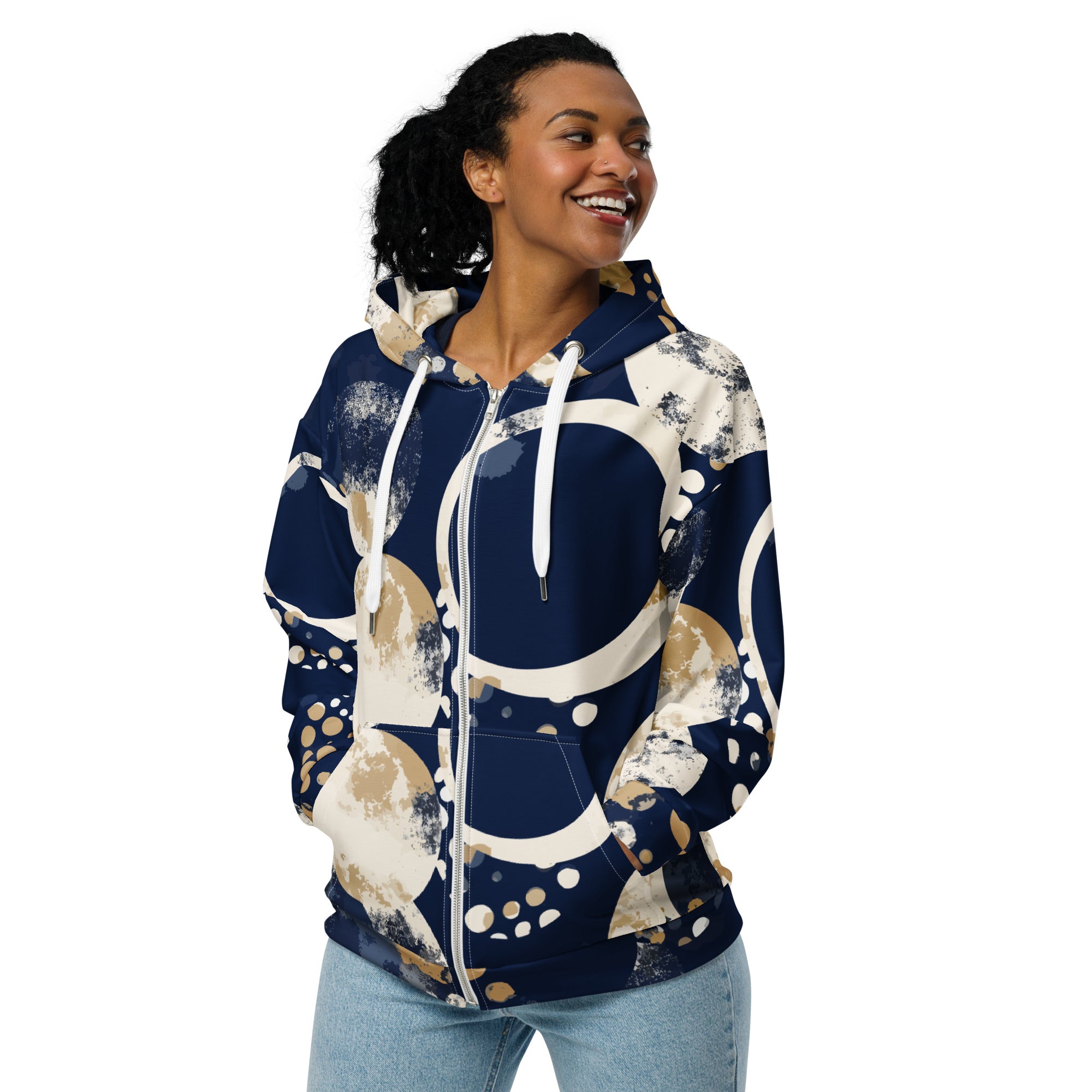 Women's Graphic Zip Hoodie featuring a blue and beige spotted print, showcasing a relaxed fit with drop shoulders and a stylish design.