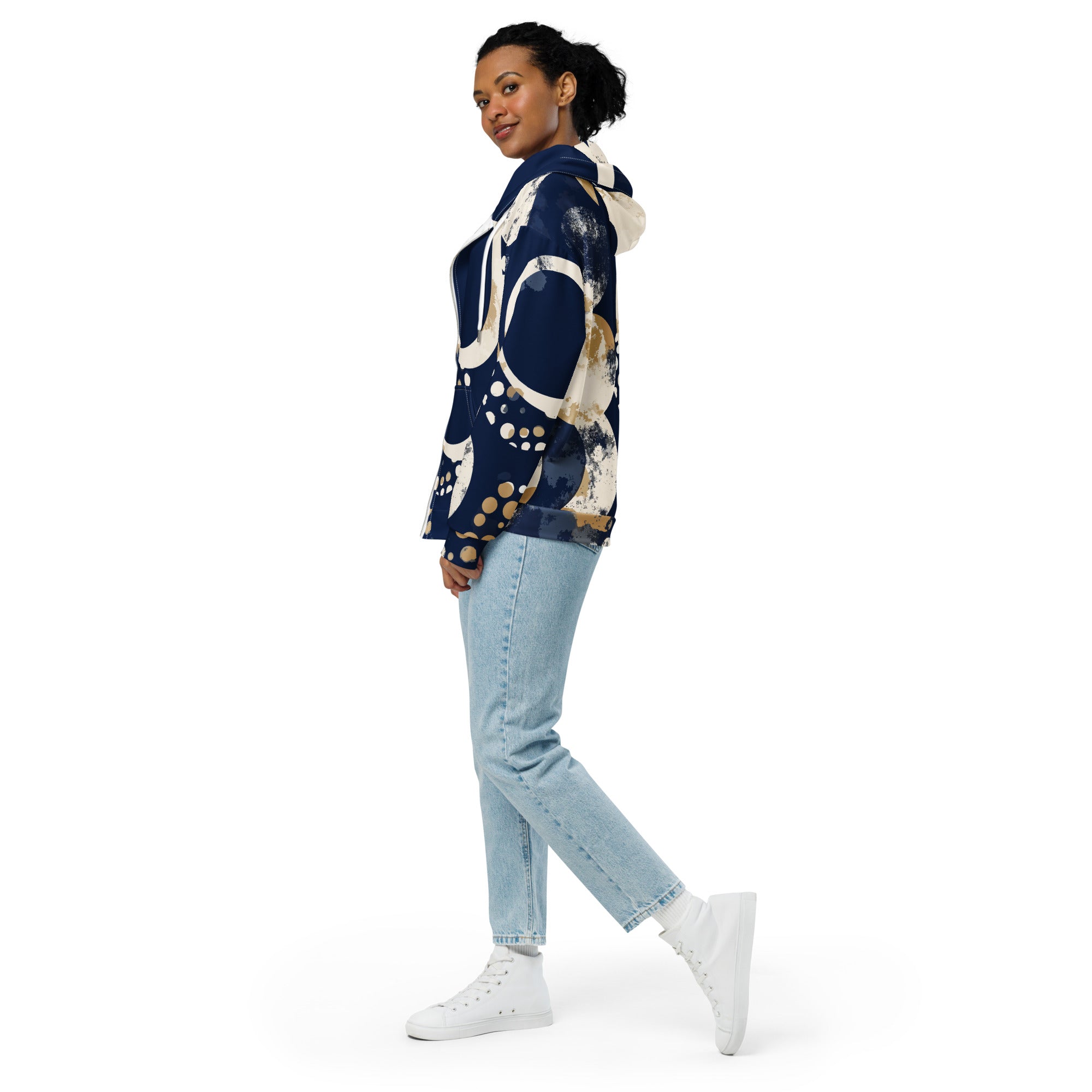 Women's Graphic Zip Hoodie featuring a blue and beige spotted print, showcasing a relaxed fit with drop shoulders and a stylish design.