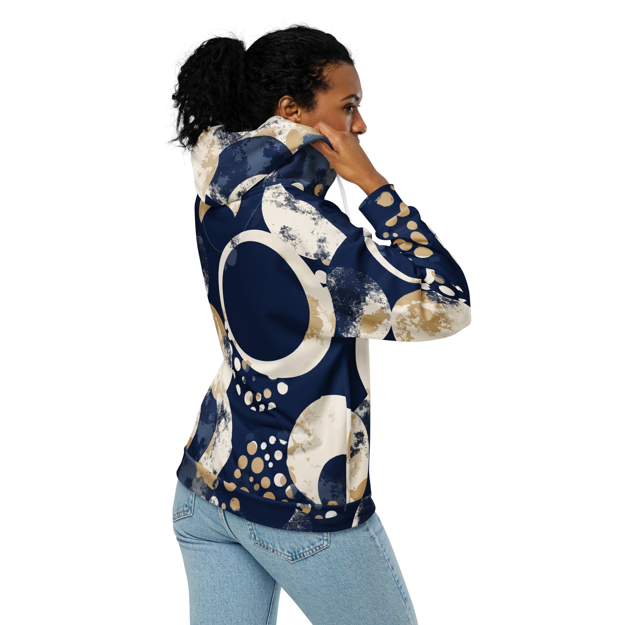 Women's Graphic Zip Hoodie featuring a blue and beige spotted print, showcasing a relaxed fit with drop shoulders and a stylish design.